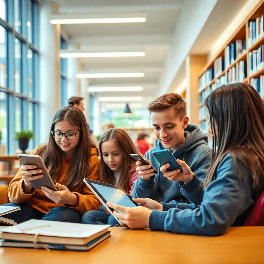 diverse students using tablets and phones to search for schools, modern library setting